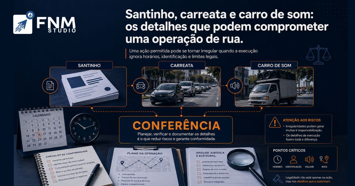 Santinho, carreata e carro de som: os detalhes que podem comprometer uma operação de rua.